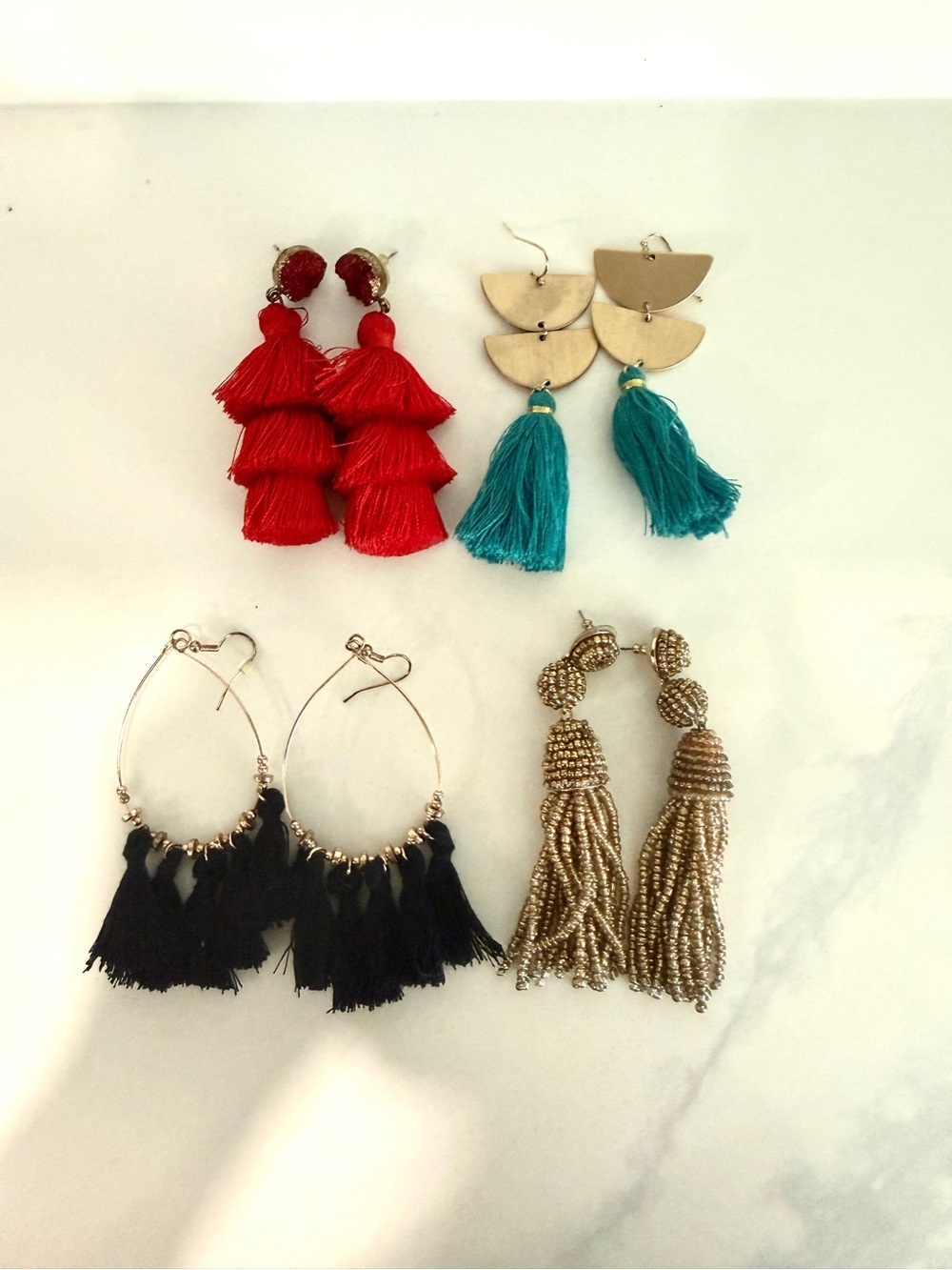 Boho Statement Tassel Earrings – Red, Turquoise, Black & Gold – Set of 4